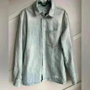 Zara Denim Overshirt 100% cotton size  M Oversized Blue washed Shacket Jacket